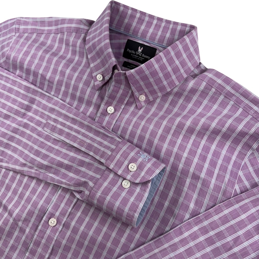 Psycho Bunny Button Down Shirt Mens 15.5 34/35 Purple Plaid Modern Fit Stretch